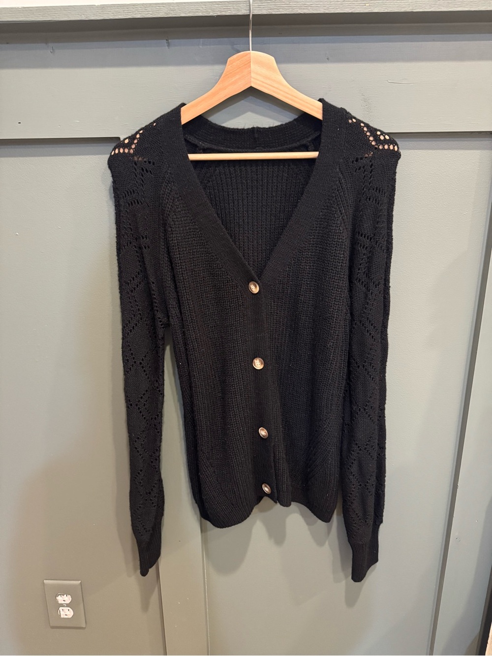 Black V-Neck Openwork Button-Front Women's Cardigan